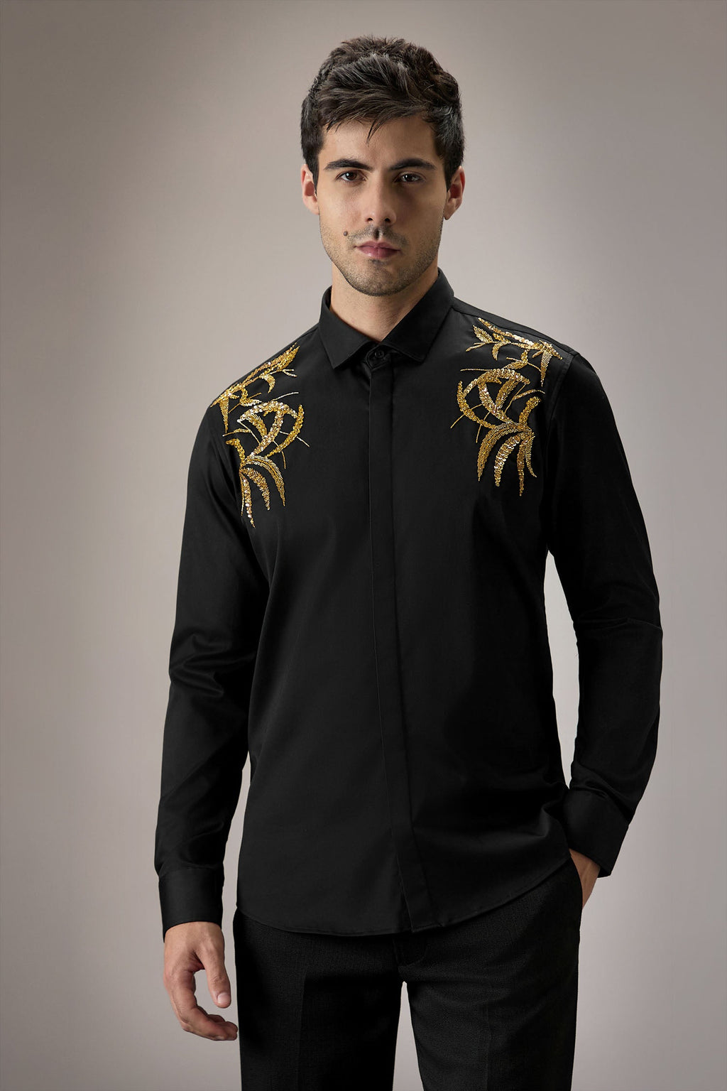 Shoulder leaves - Hand Embroidered Designer Shirt - Black
