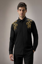 Shoulder leaves - Hand Embroidered Designer Shirt - Black