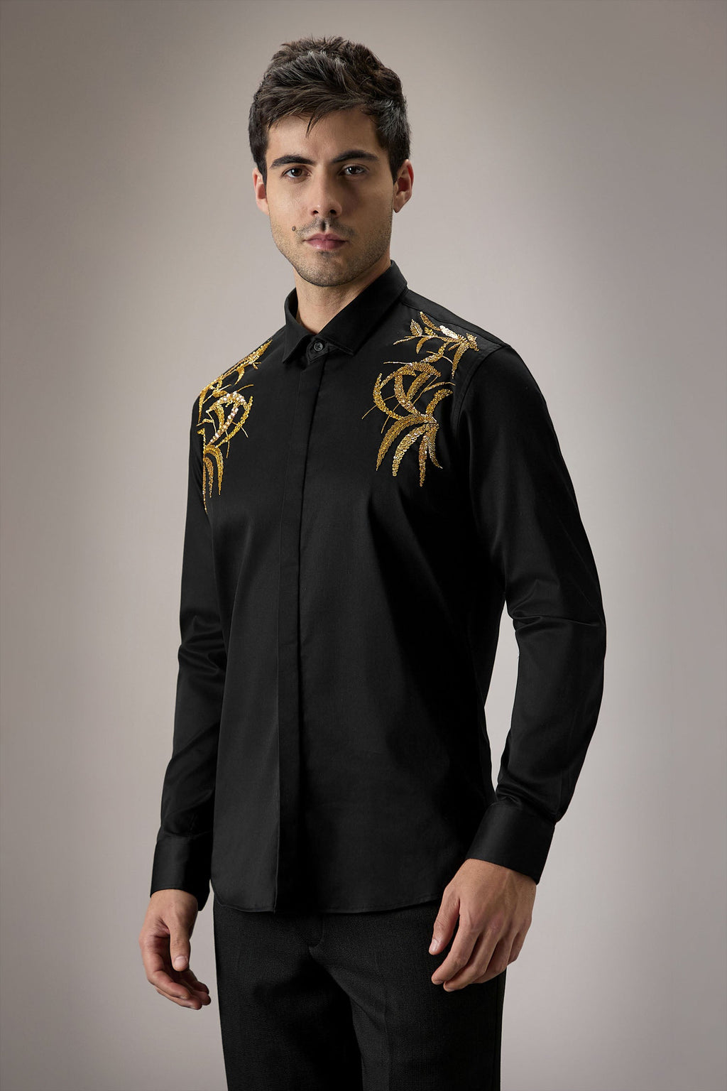 Shoulder leaves - Hand Embroidered Designer Shirt - Black