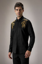 Shoulder leaves - Hand Embroidered Designer Shirt - Black