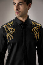 Shoulder leaves - Hand Embroidered Designer Shirt - Black