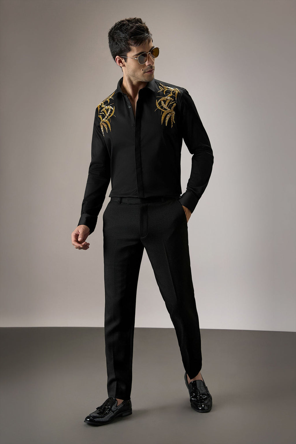 Shoulder leaves - Hand Embroidered Designer Shirt - Black