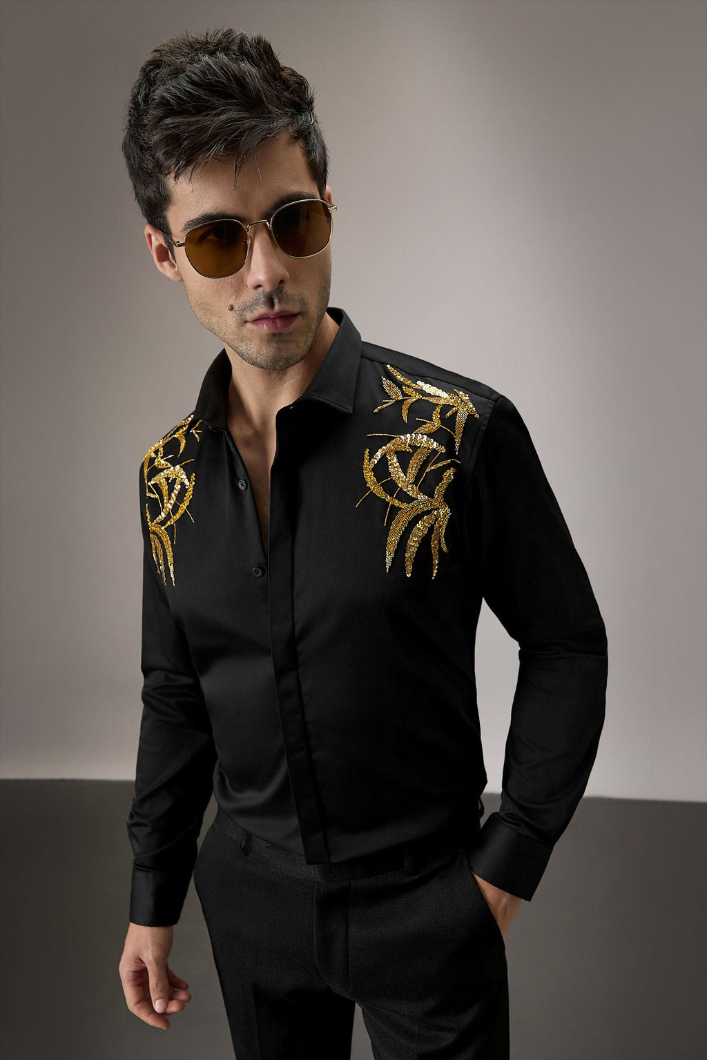 Shoulder leaves - Hand Embroidered Designer Shirt - Black