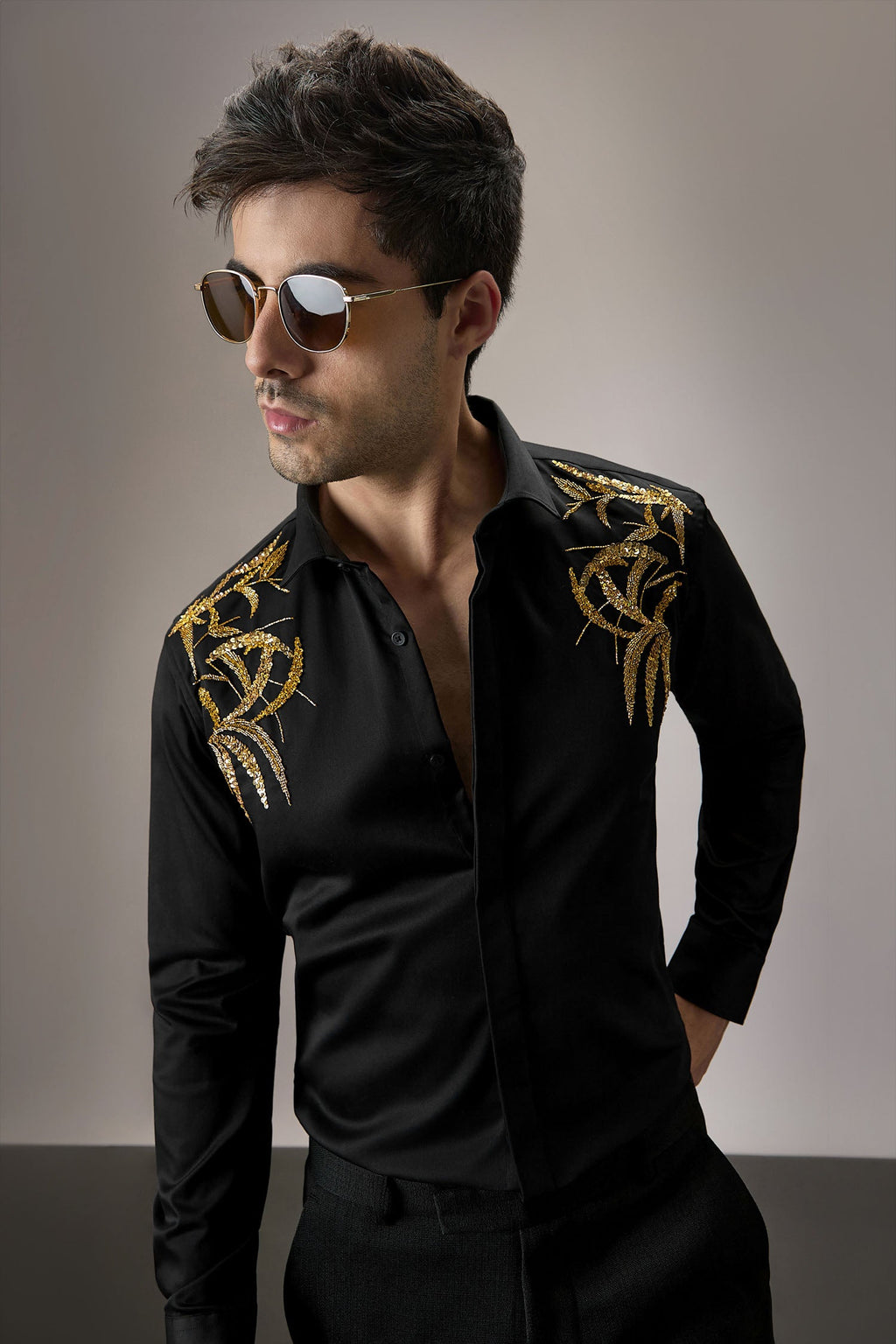 Shoulder leaves - Hand Embroidered Designer Shirt - Black