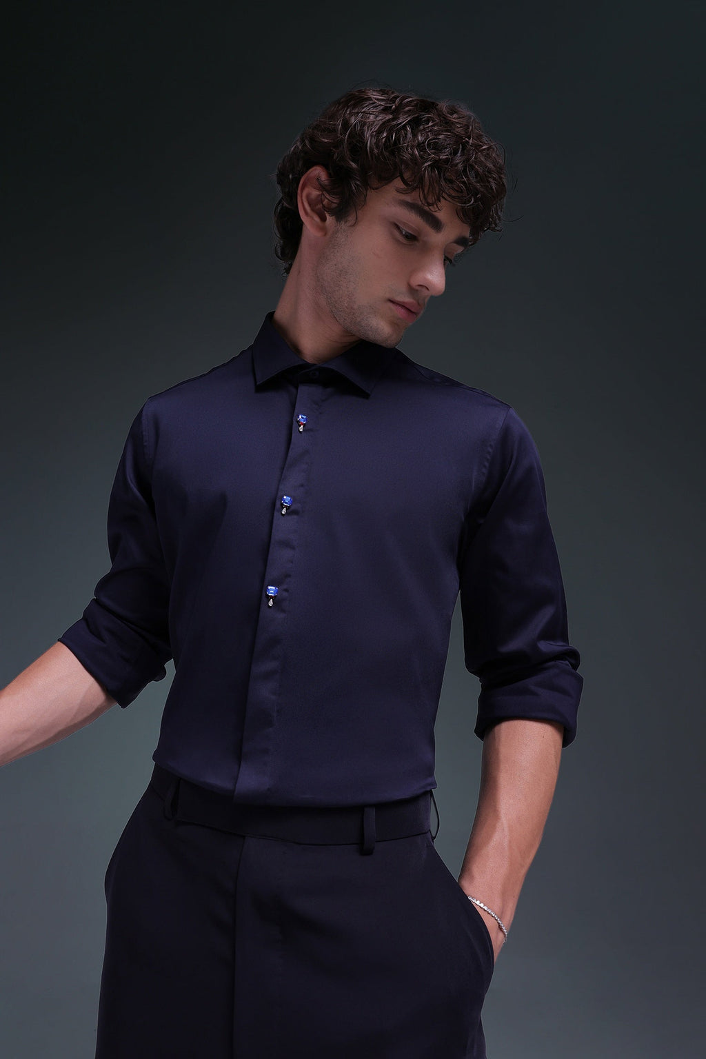 Izel - Hand Embroidered Designer Shirt - Navy