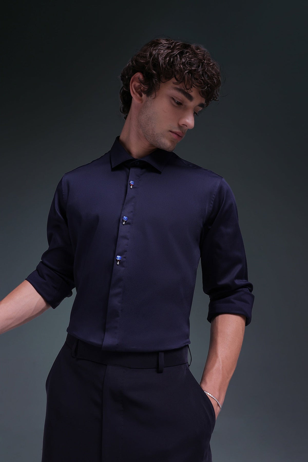 Izel - Hand Embroidered Designer Shirt - Navy
