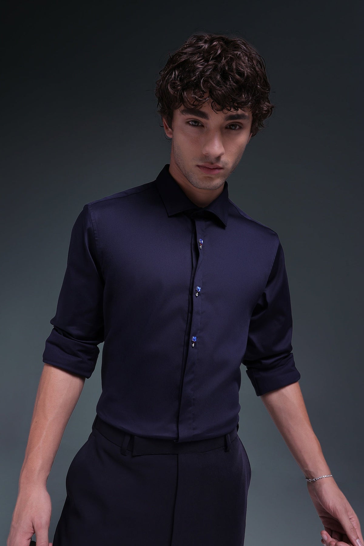 Izel - Hand Embroidered Designer Shirt - Navy
