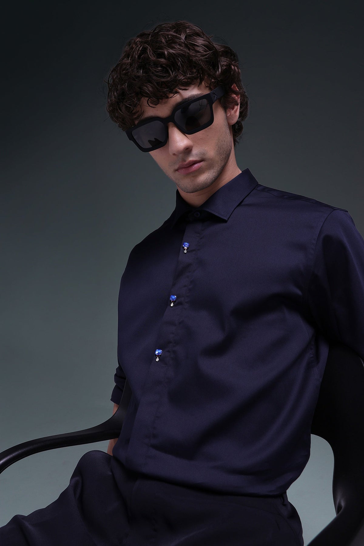Izel - Hand Embroidered Designer Shirt - Navy