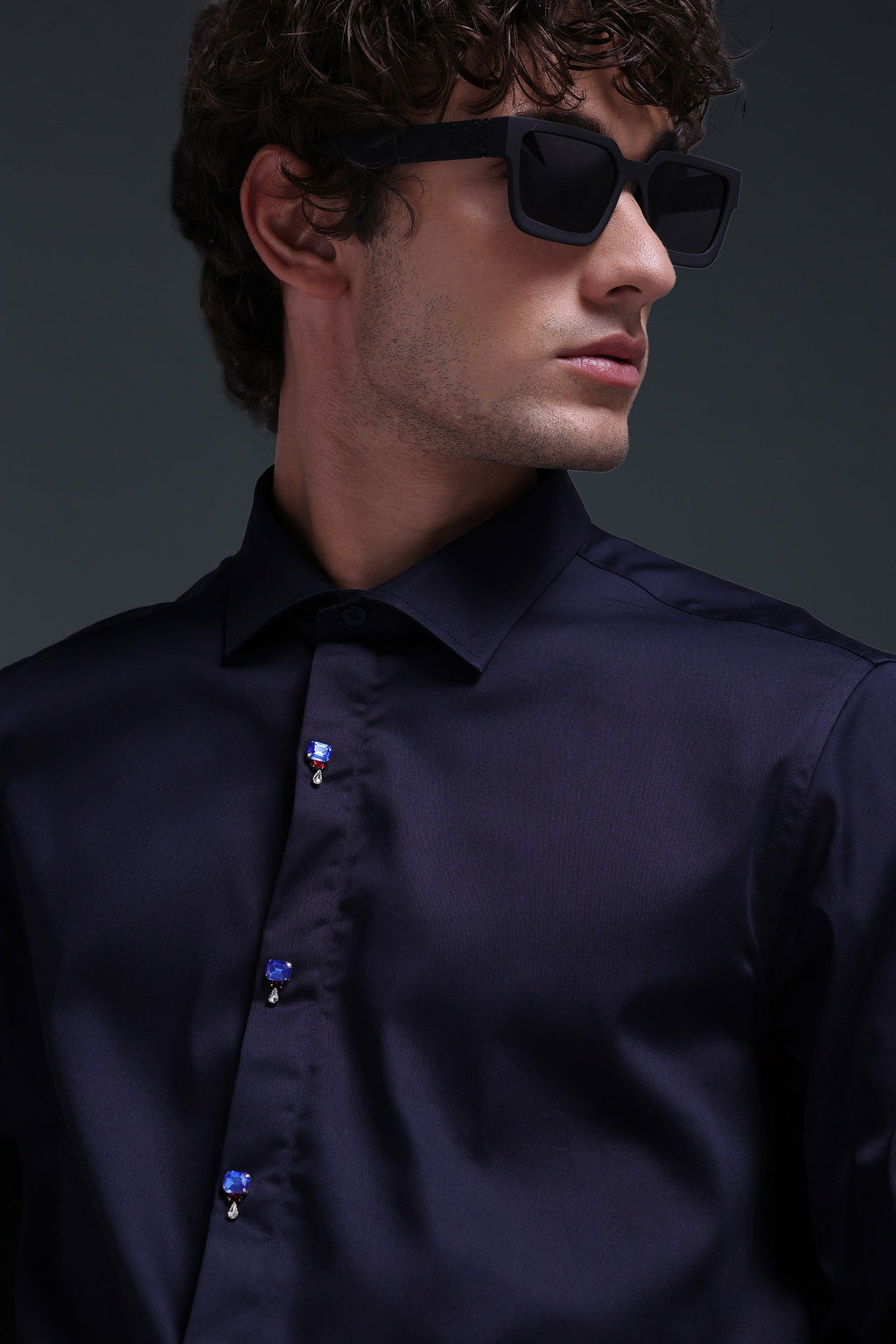 Izel - Hand Embroidered Designer Shirt - Navy