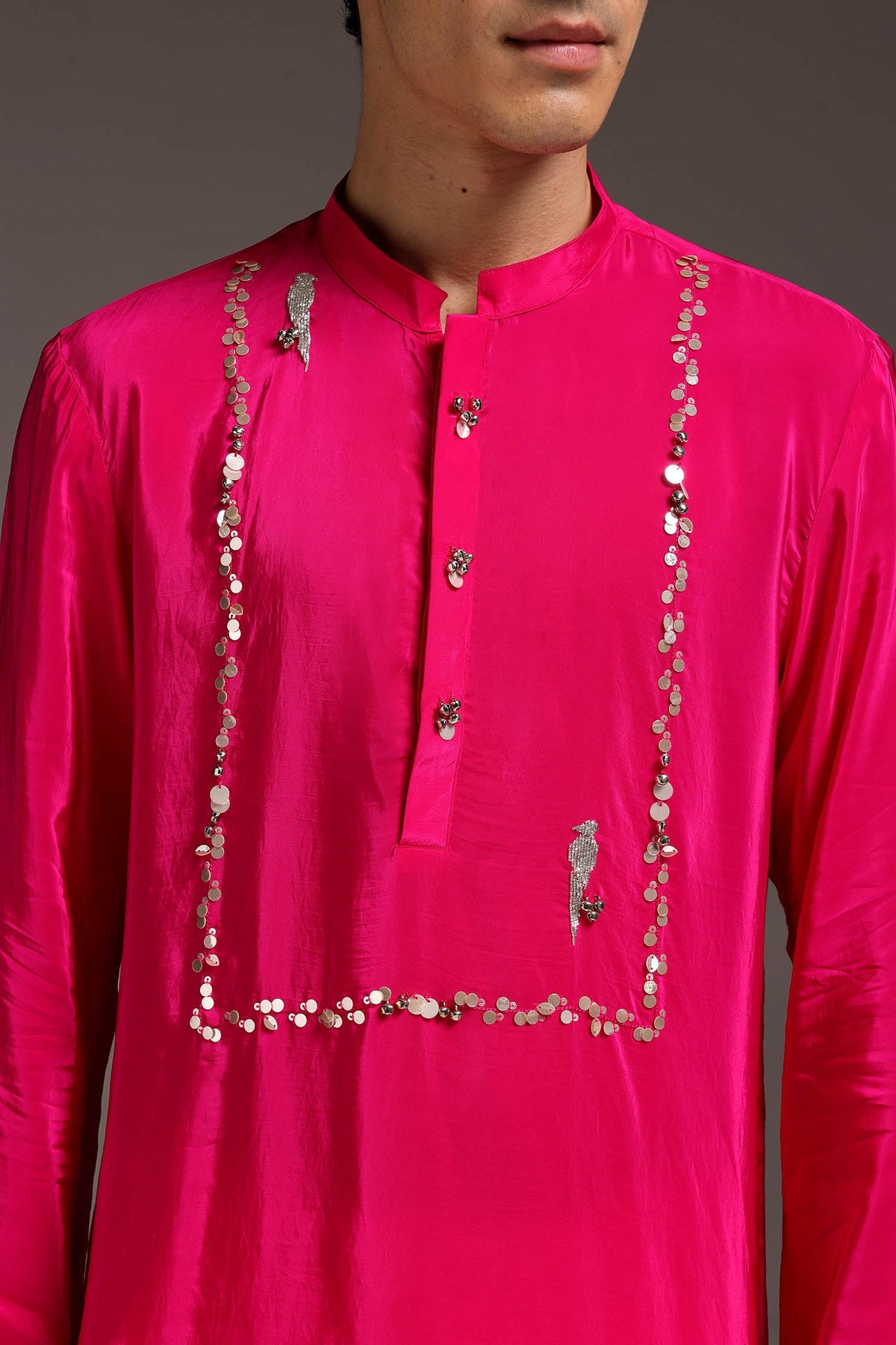Preen(Parrot) - Hand Embroidered Designer Kurta - Hot Pink