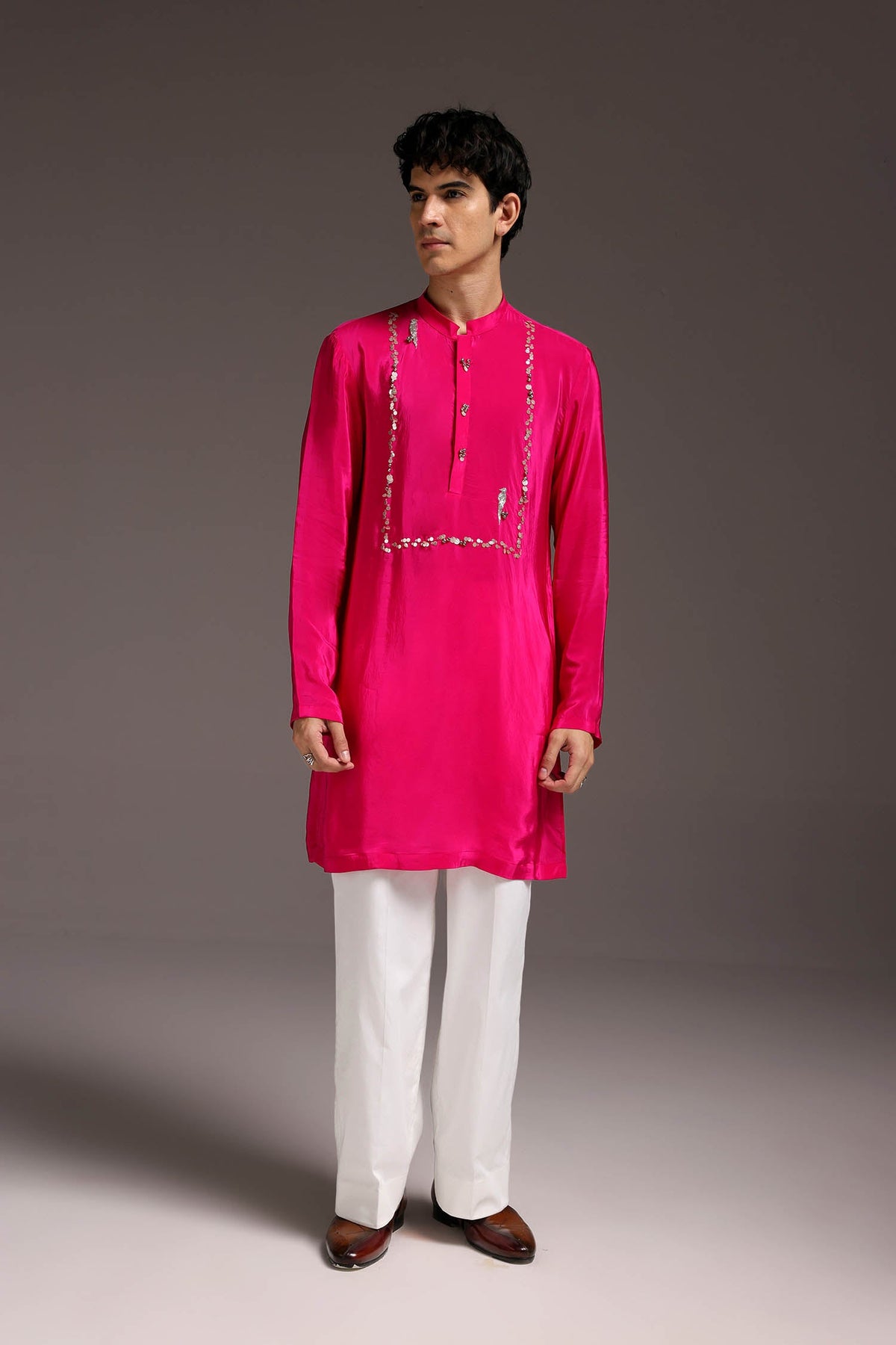 Preen(Parrot) - Hand Embroidered Designer Kurta - Hot Pink
