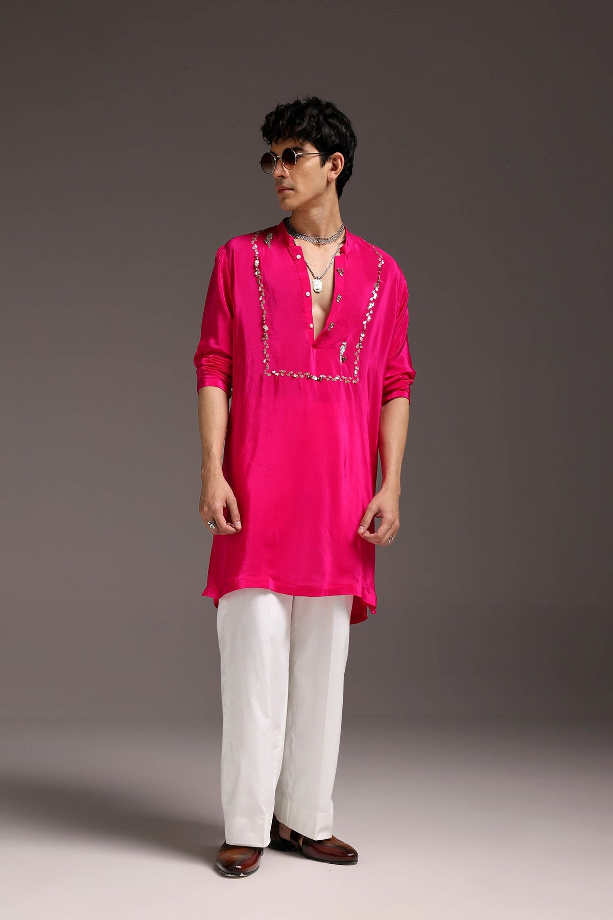 Preen(Parrot) - Hand Embroidered Designer Kurta - Hot Pink