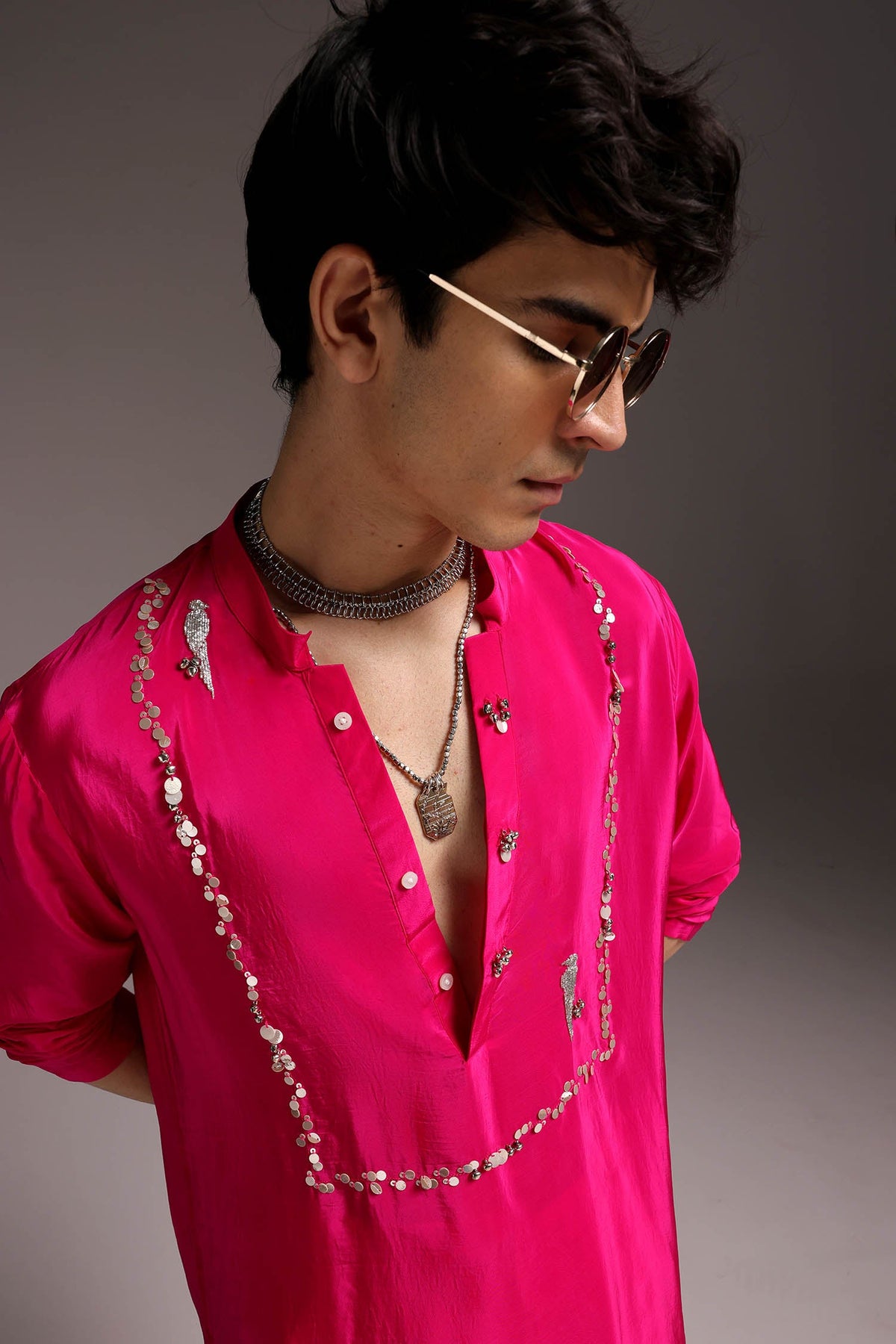 Preen(Parrot) - Hand Embroidered Designer Kurta - Hot Pink