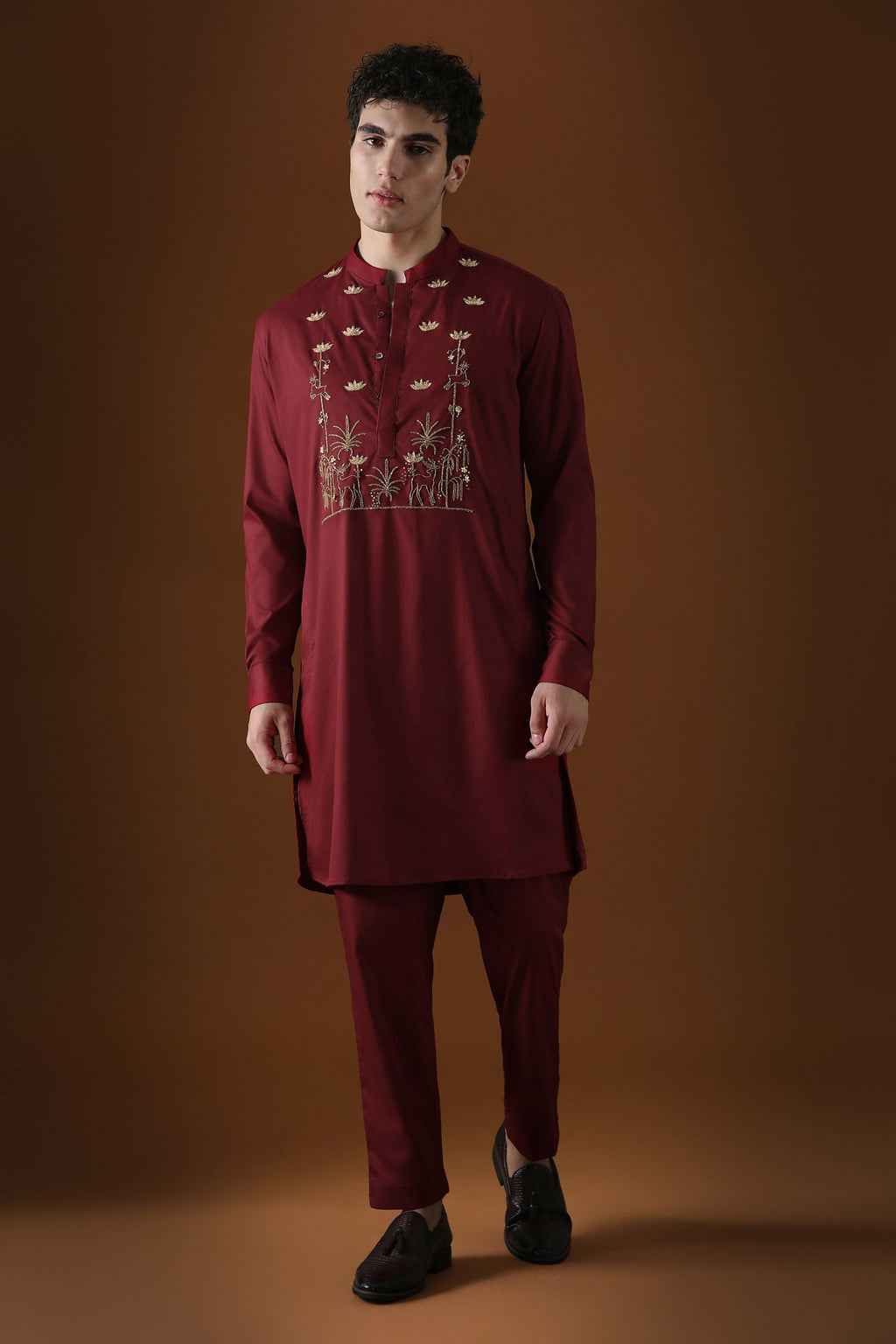 Deer in the Woods Hand Embroidered Designer Kurta - Burgandy