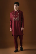 Deer in the Woods Hand Embroidered Designer Kurta - Burgandy