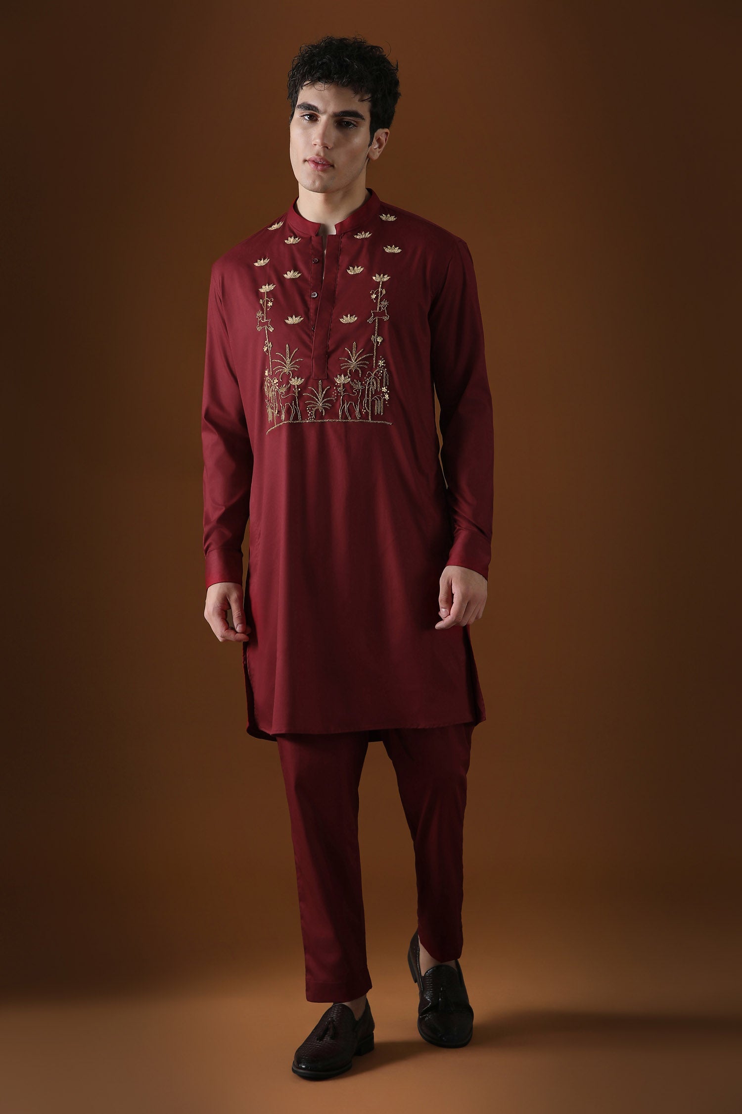 Deer in the Woods Hand Embroidered Designer Kurta - Burgandy