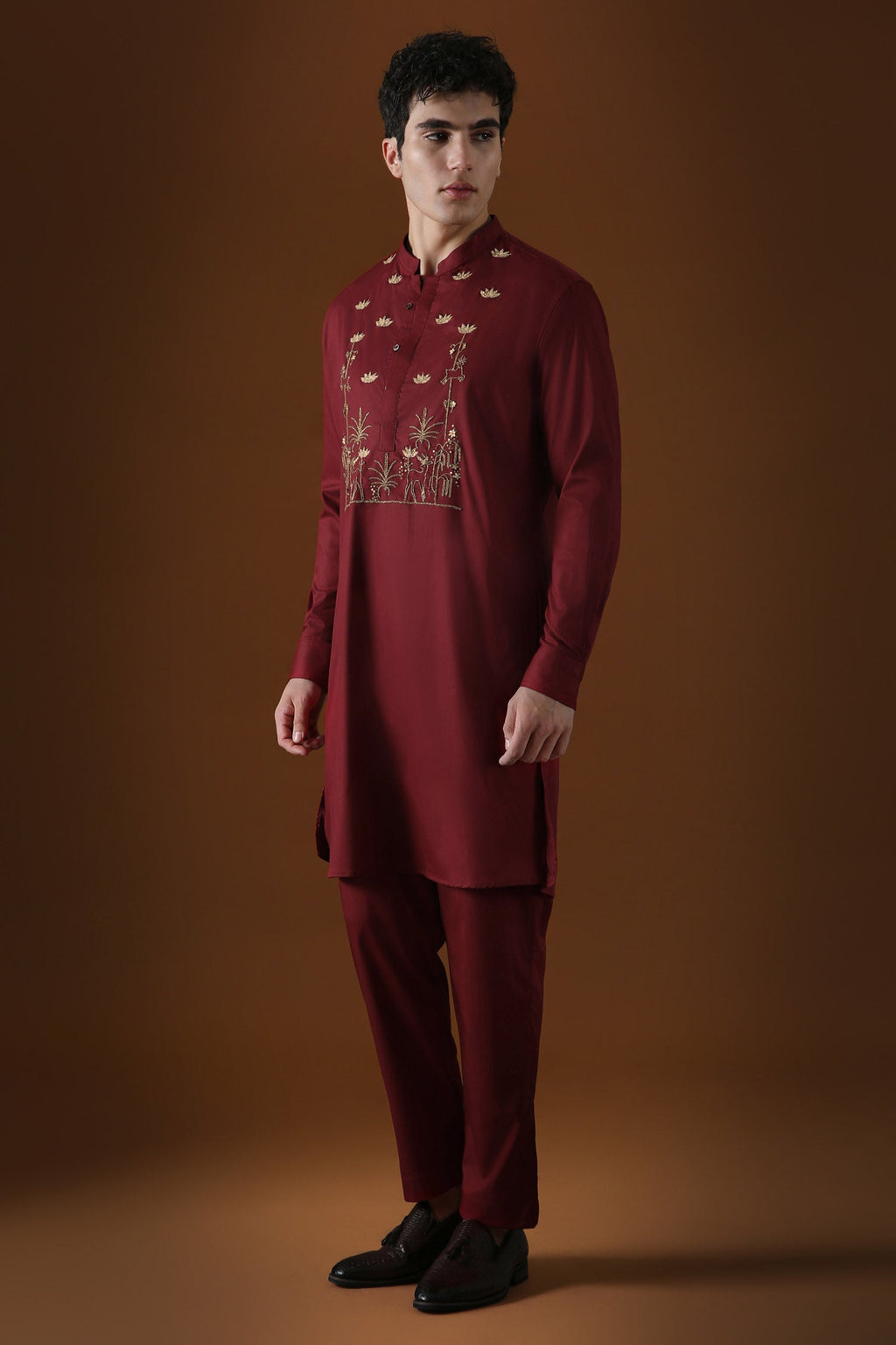 Deer in the Woods Hand Embroidered Designer Kurta - Burgandy