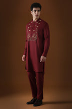 Deer in the Woods Hand Embroidered Designer Kurta - Burgandy