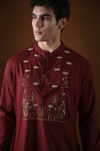Deer in the Woods Hand Embroidered Designer Kurta - Burgandy