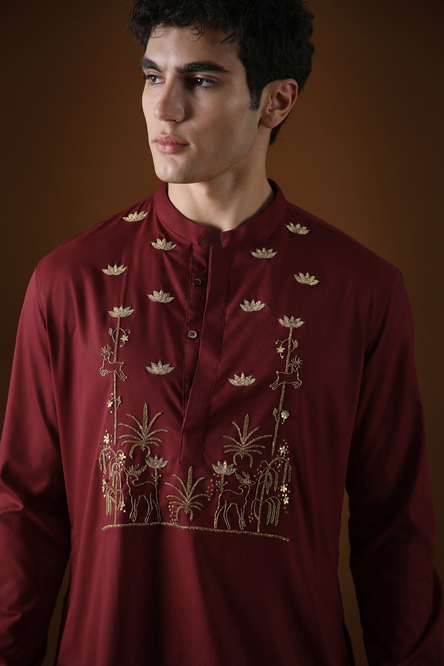 Deer in the Woods Hand Embroidered Designer Kurta - Burgandy
