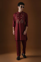 Deer in the Woods Hand Embroidered Designer Kurta - Burgandy