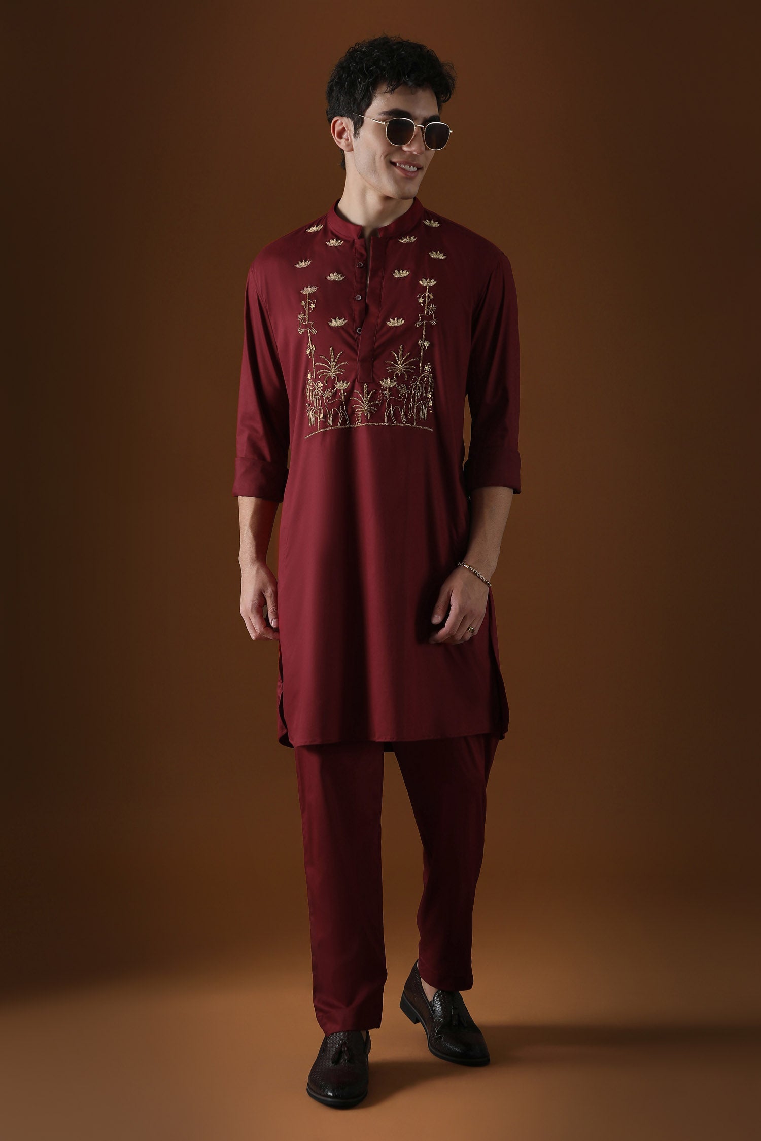 Deer in the Woods Hand Embroidered Designer Kurta - Burgandy