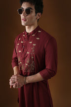 Deer in the Woods Hand Embroidered Designer Kurta - Burgandy