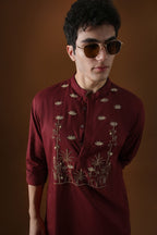 Deer in the Woods Hand Embroidered Designer Kurta - Burgandy