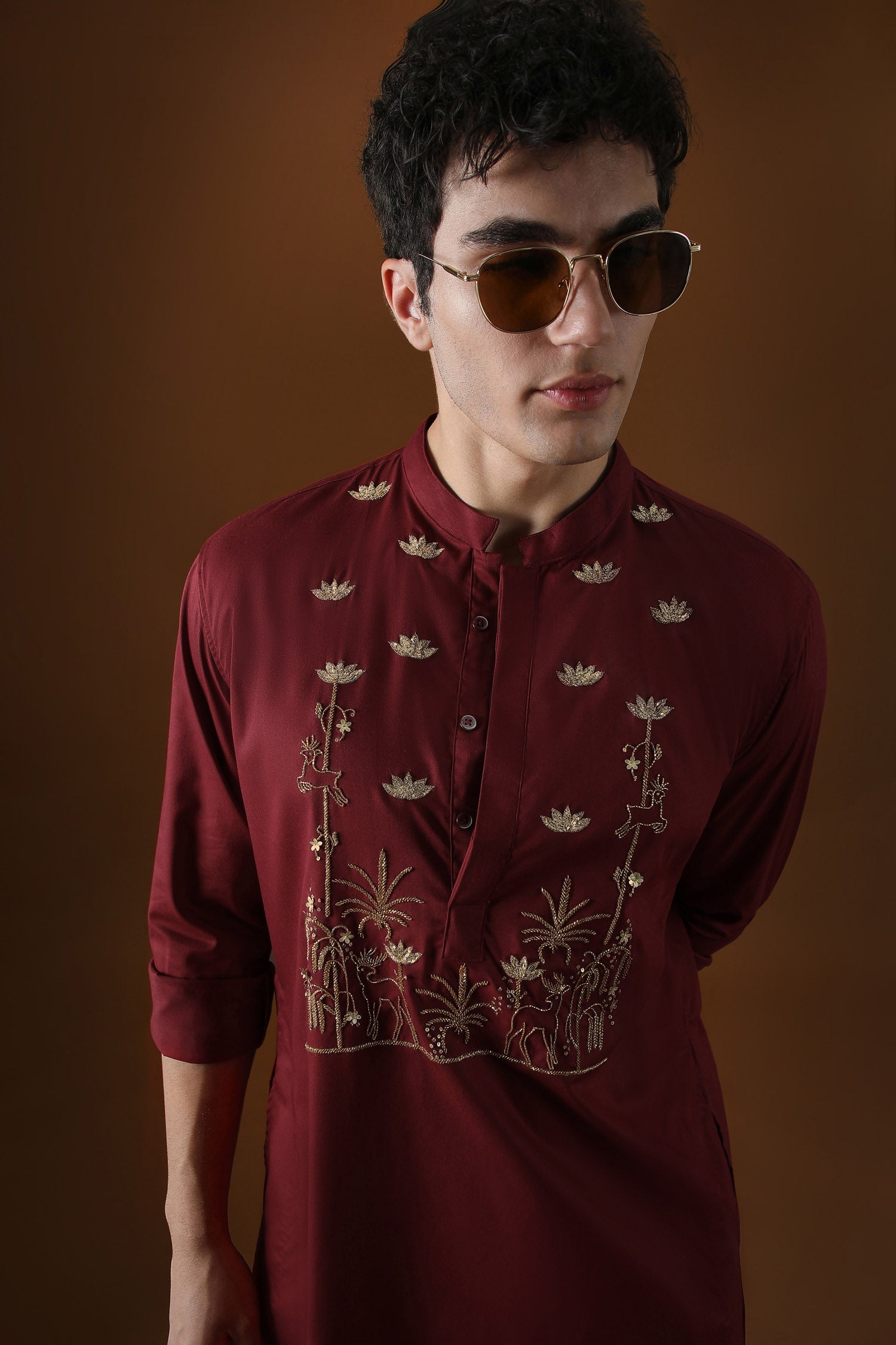 Deer in the Woods Hand Embroidered Designer Kurta - Burgandy