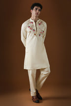 Wild Flowers Hand Embroidered Designer Kurta - Ivory