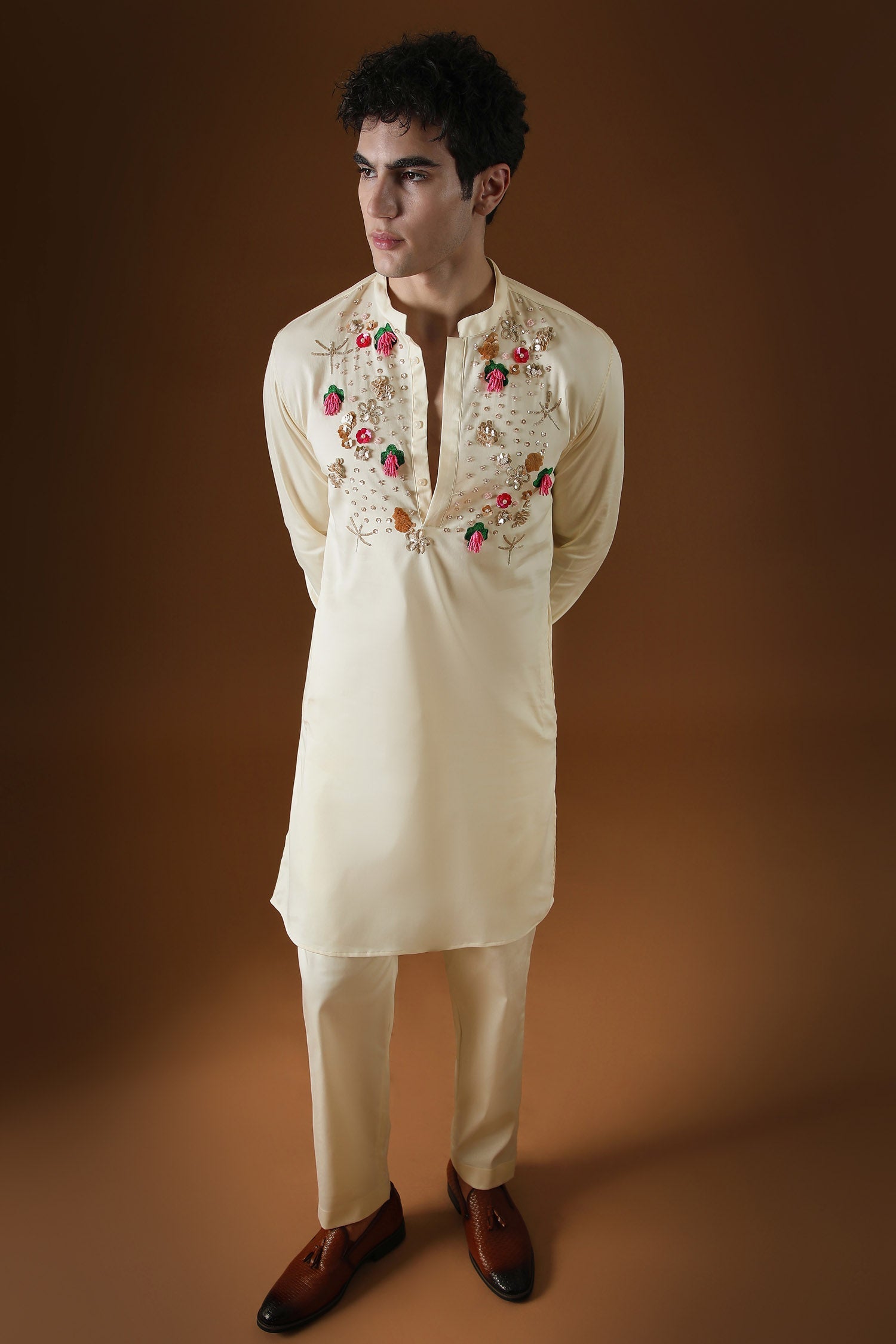 Wild Flowers Hand Embroidered Designer Kurta - Ivory
