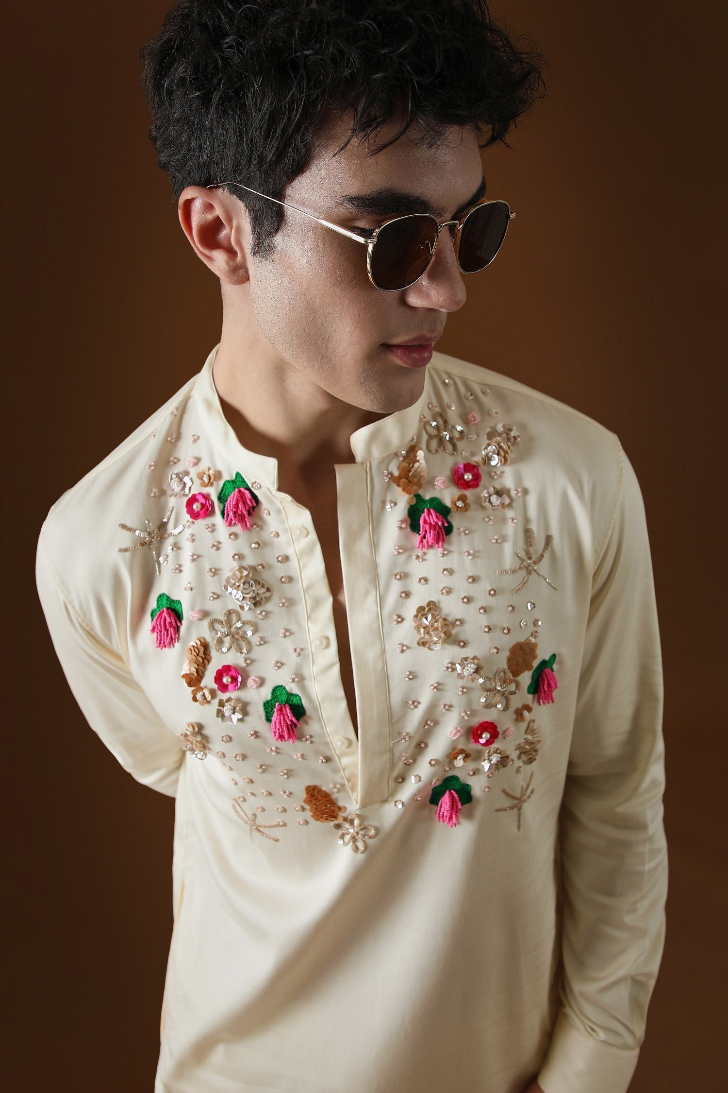 Wild Flowers Hand Embroidered Designer Kurta - Ivory