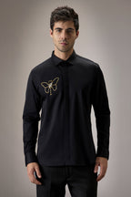 Champange Butterfly - Hand Embroidered Designer Shirt - Black