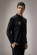 Champange Butterfly - Hand Embroidered Designer Shirt - Black