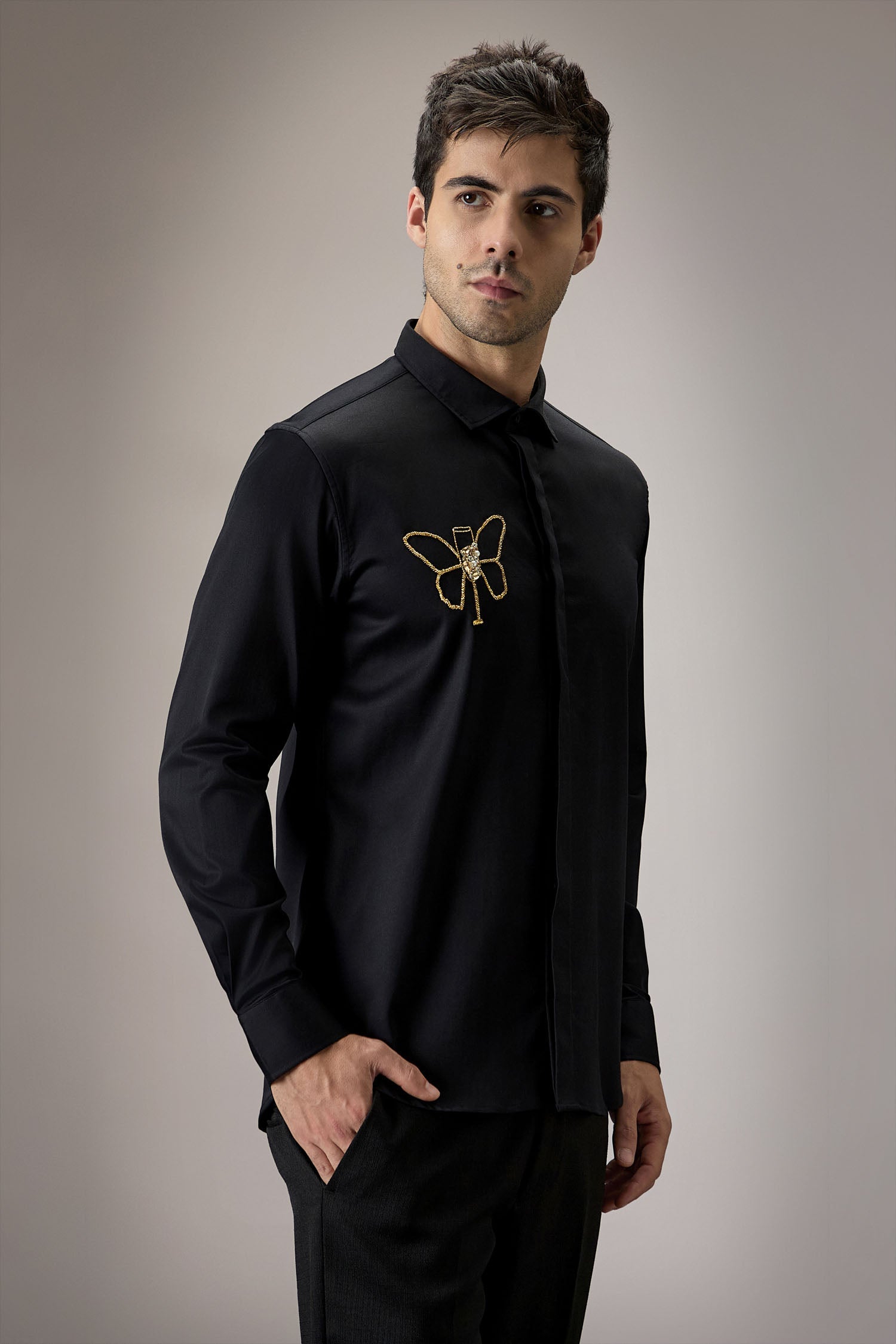 Champange Butterfly - Hand Embroidered Designer Shirt - Black