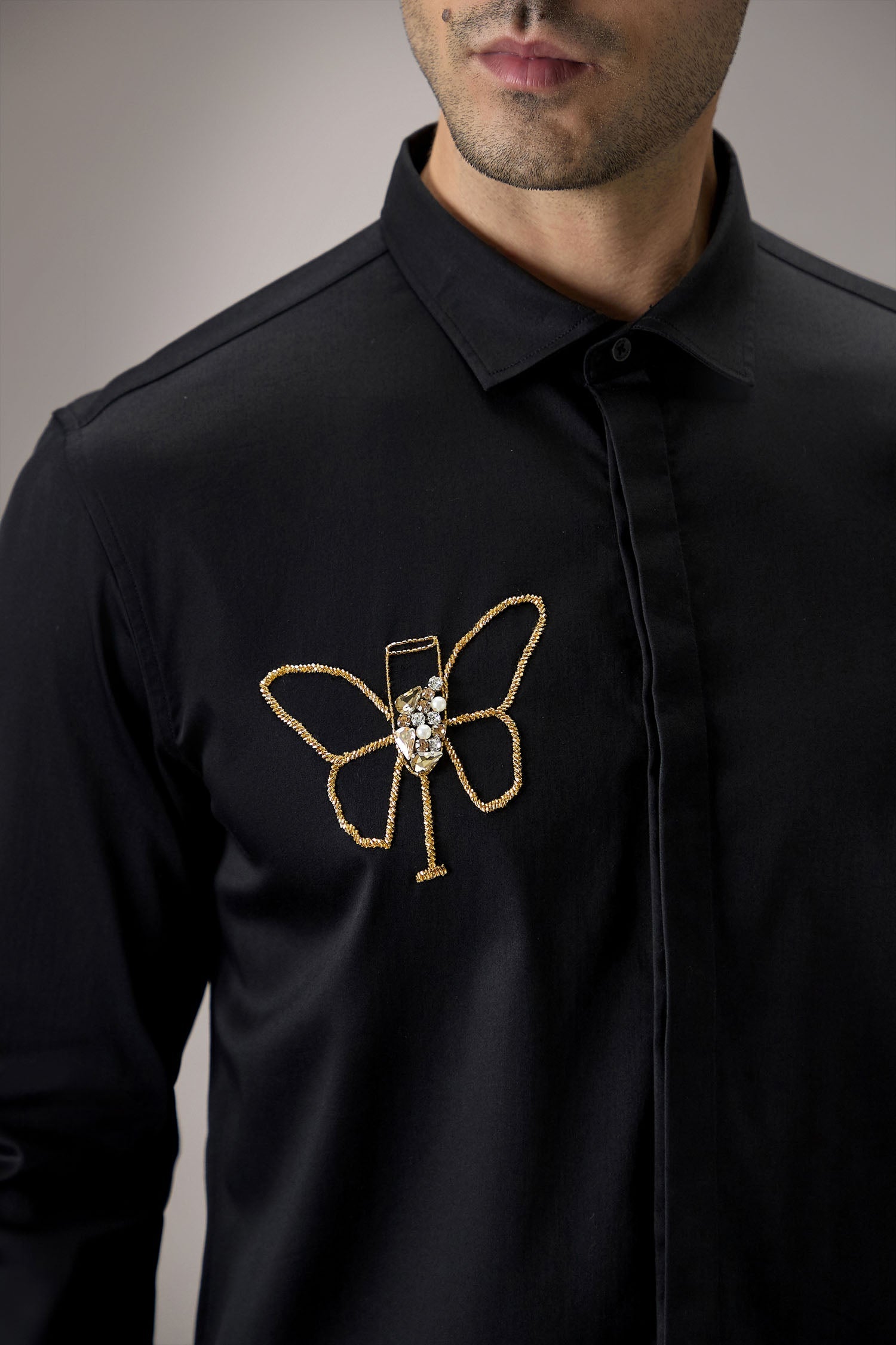 Champange Butterfly - Hand Embroidered Designer Shirt - Black