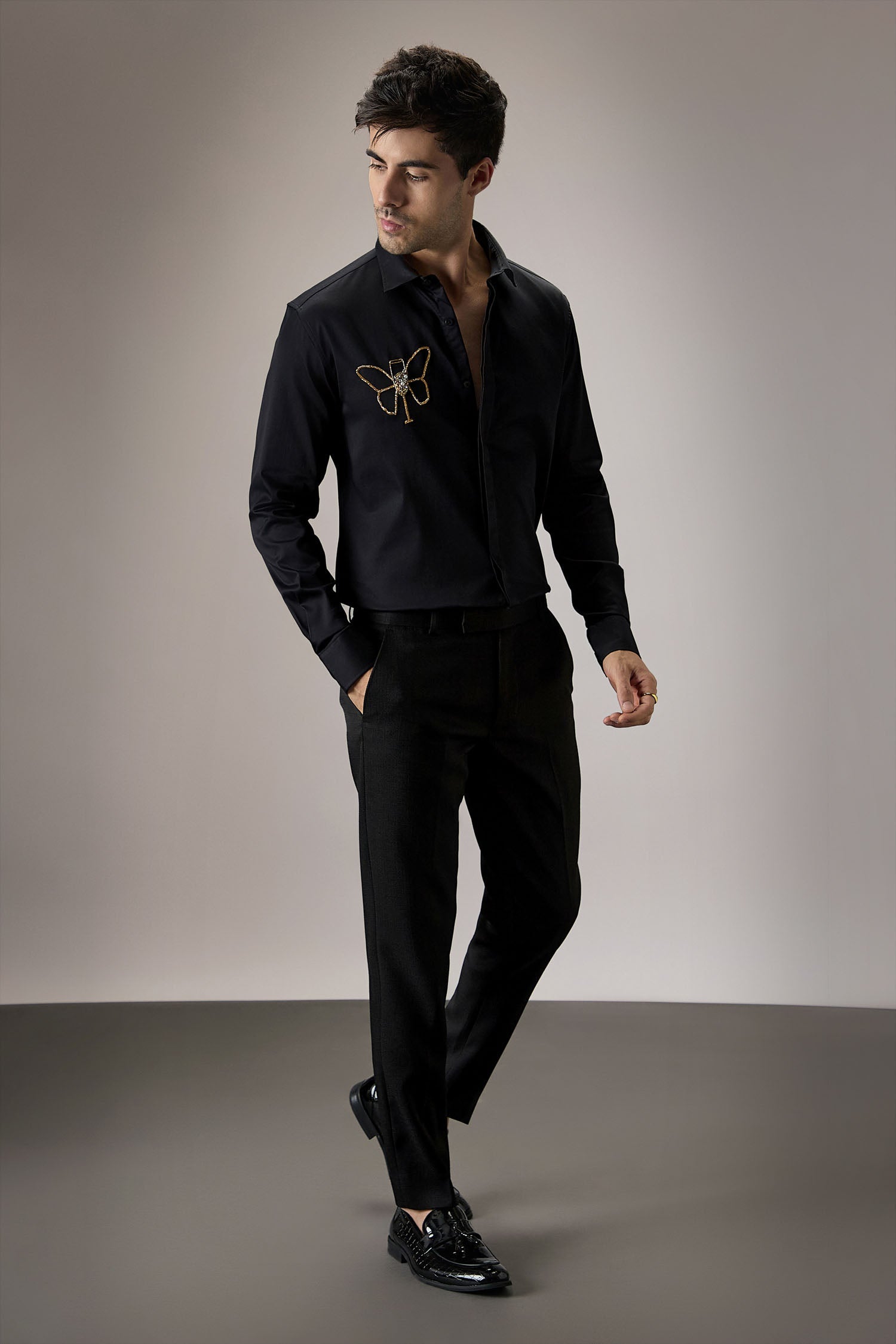 Champange Butterfly - Hand Embroidered Designer Shirt - Black