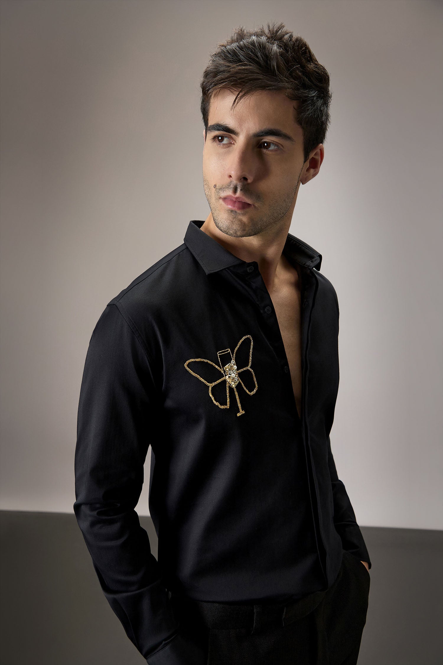 Champange Butterfly - Hand Embroidered Designer Shirt - Black
