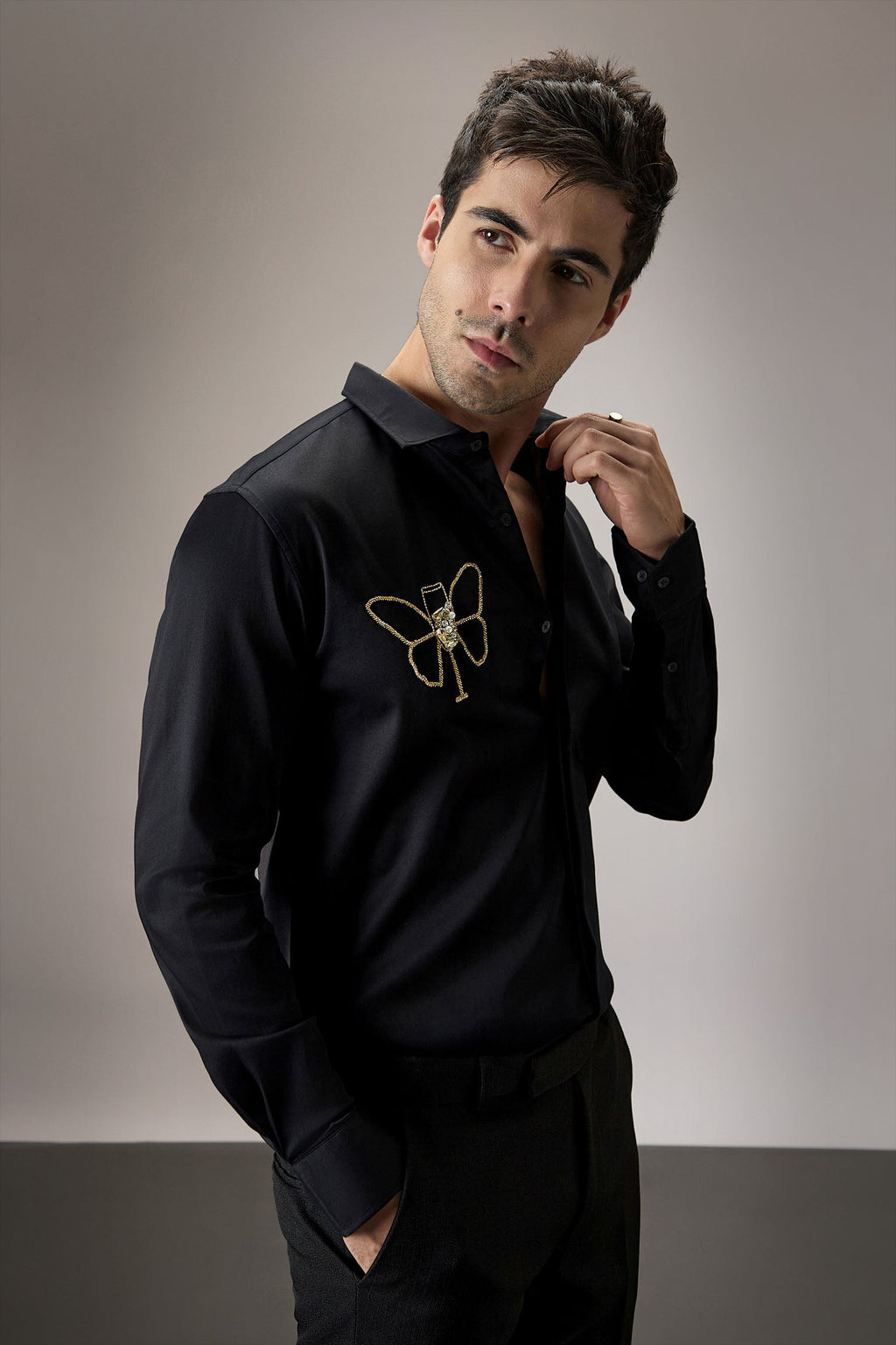 Champange Butterfly - Hand Embroidered Designer Shirt - Black