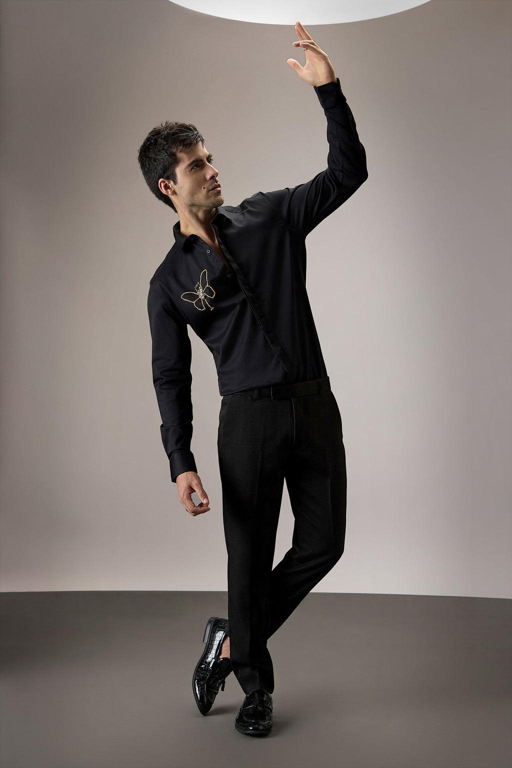 Champange Butterfly - Hand Embroidered Designer Shirt - Black