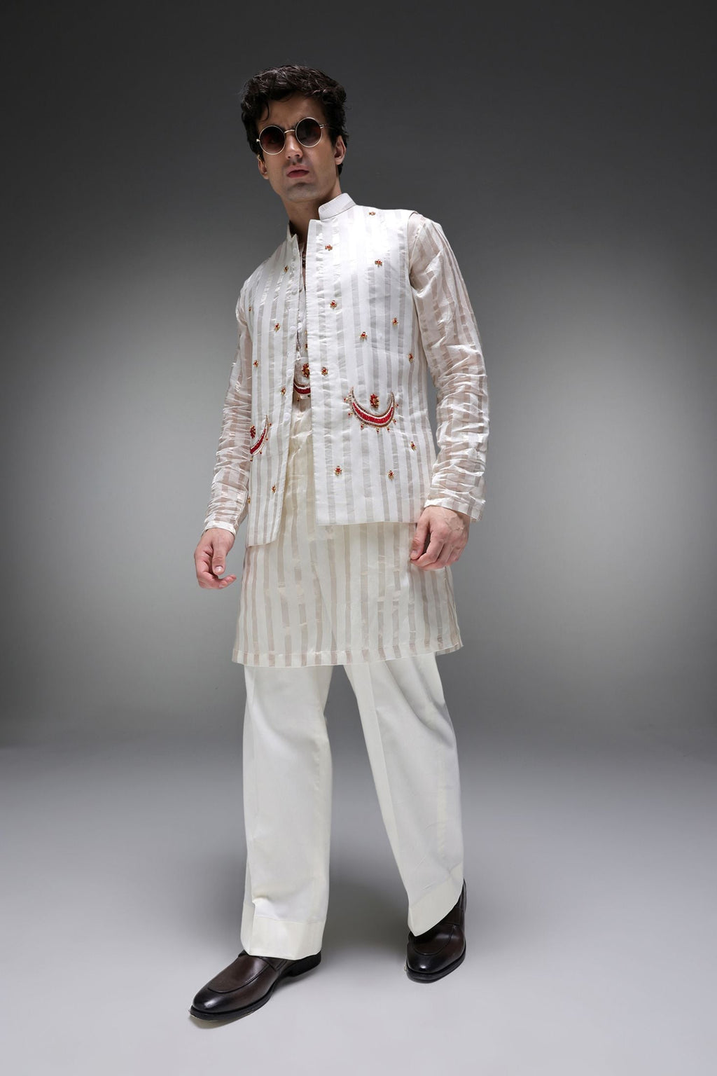 Moon - Hand Embroidered Designer Bundi With Kurta - Ivory