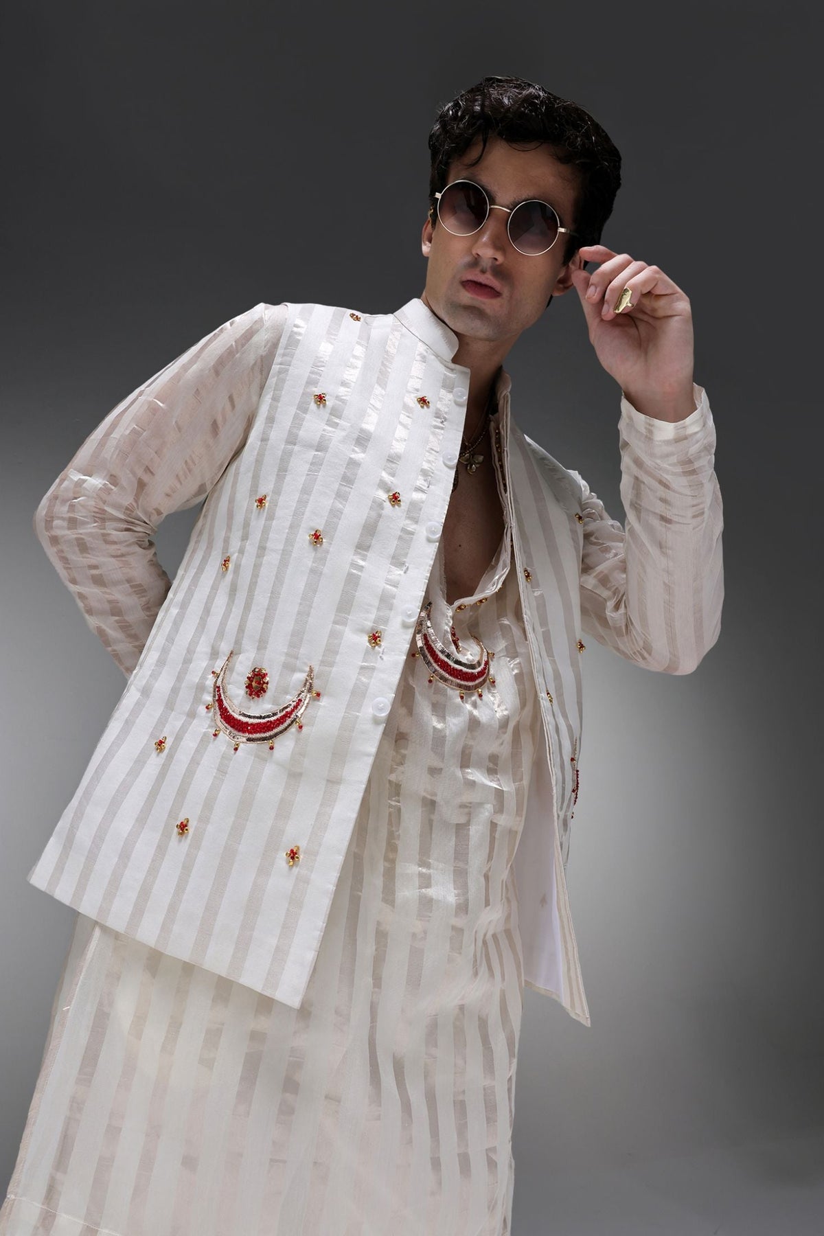 Moon - Hand Embroidered Designer Bundi With Kurta - Ivory