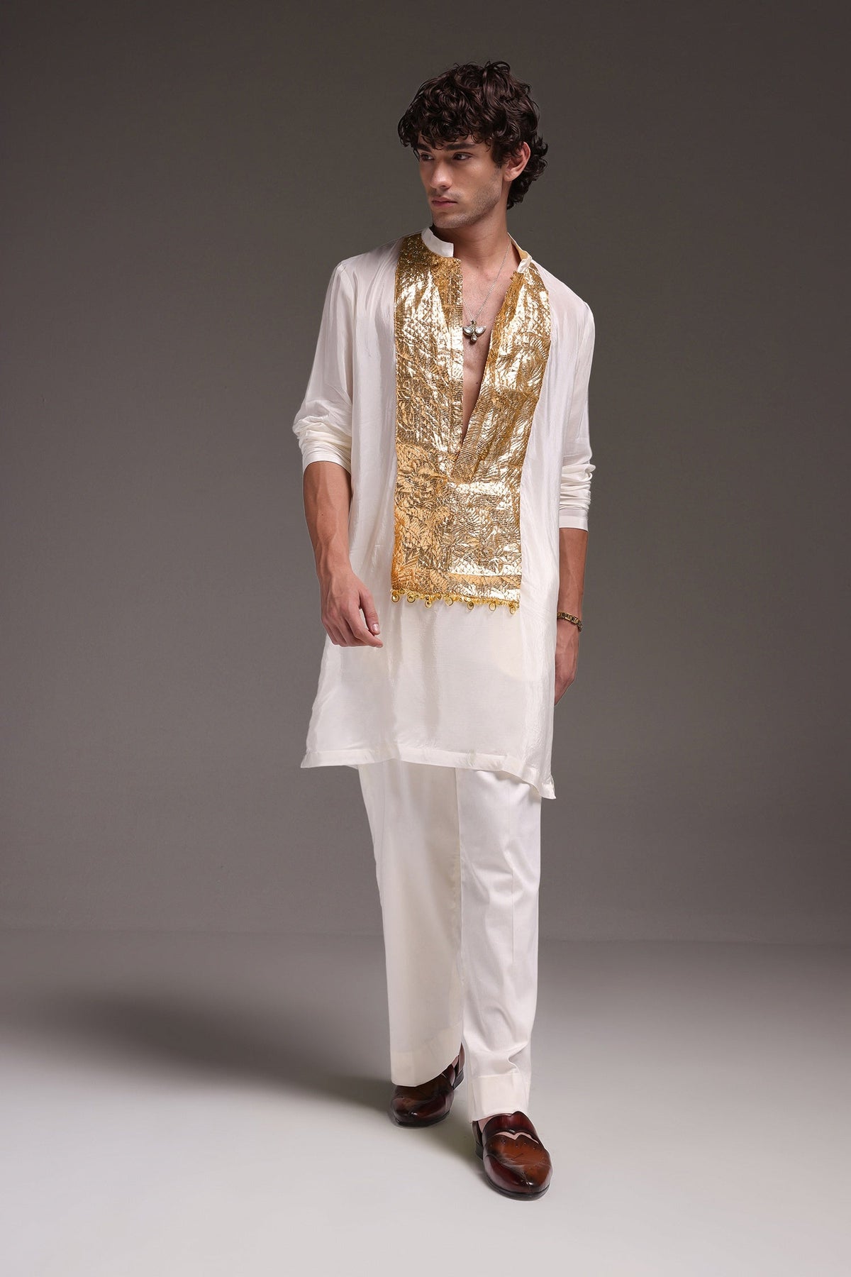 Ivory Lumpi - Hand Embroidered Designer Kurta - Ivory