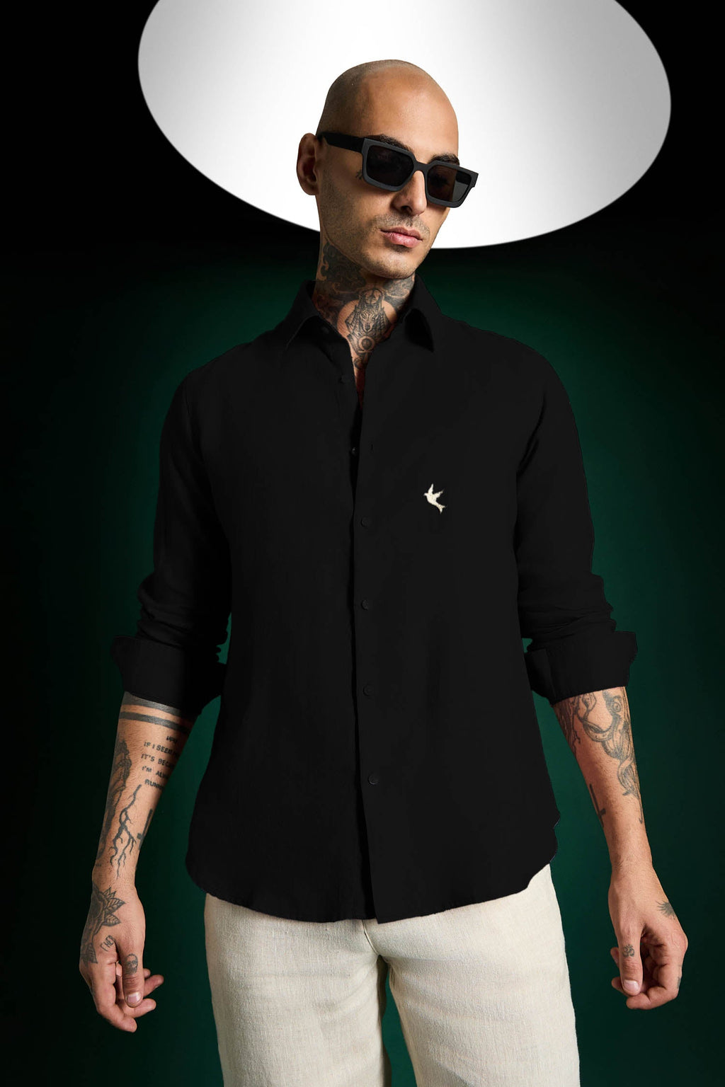 Bird Hand Embroidered Irish Linen Shirt - Black