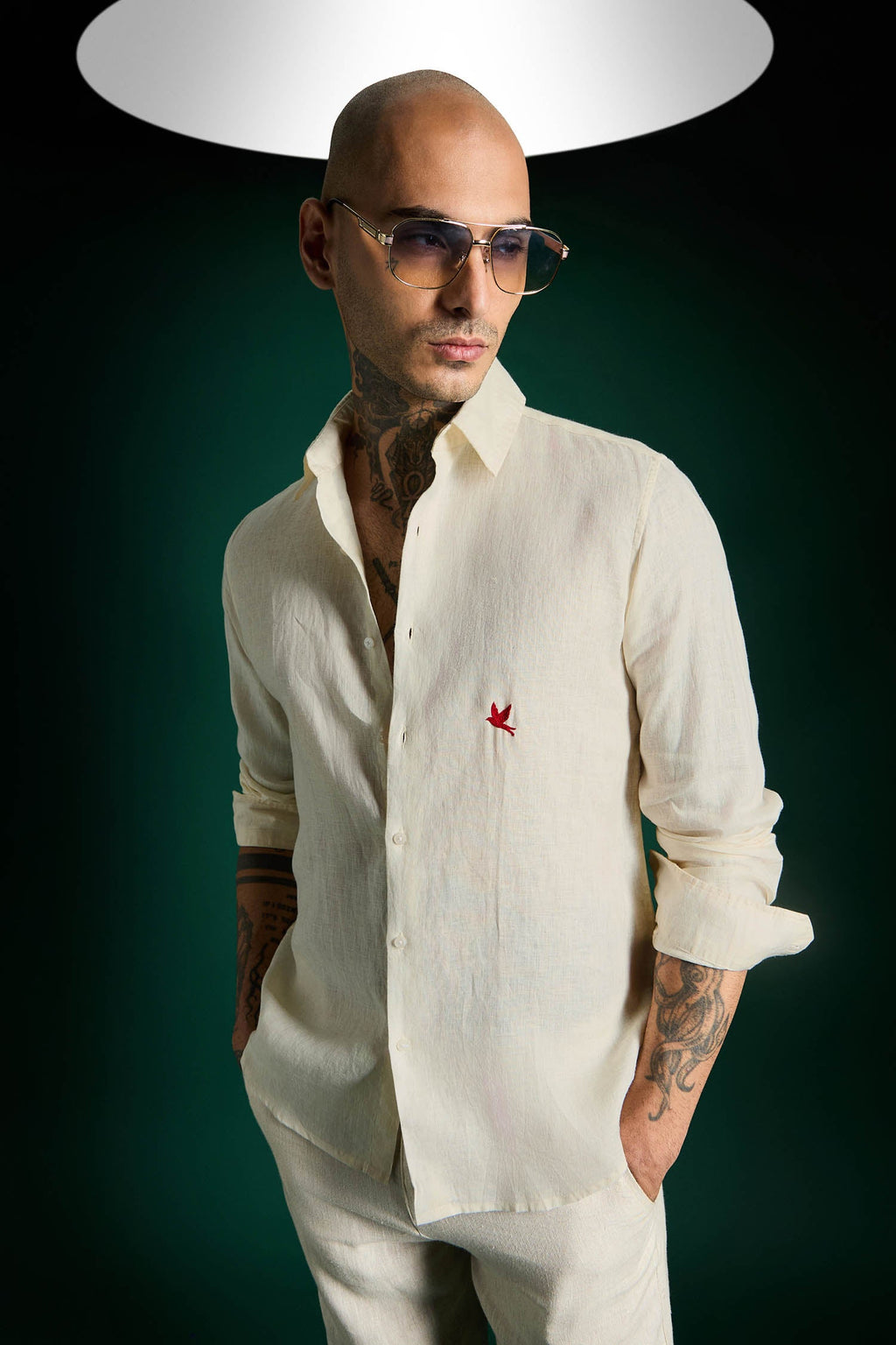 Bird Hand Embroidered Irish Linen Shirt - Ivory