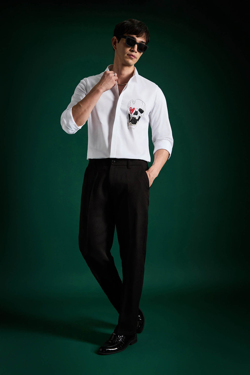 Heart Skull - Hand Embroidered Designer Shirt - White