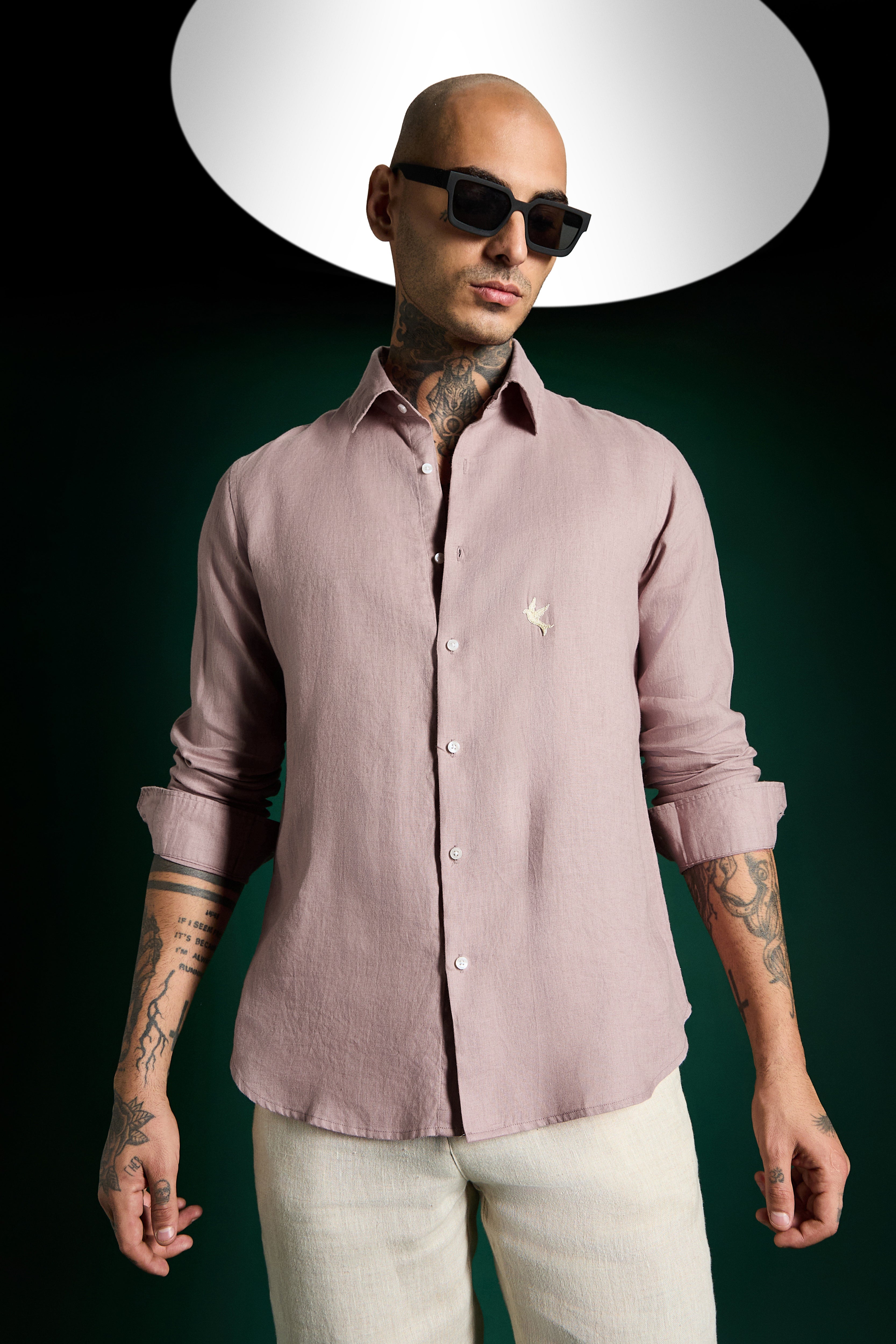 Bird Hand Embroidered Irish Linen Shirt - Dusky Pink