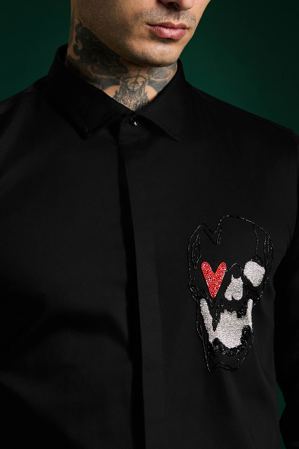 Heart Skull - Hand Embroidered Designer Shirt - Black