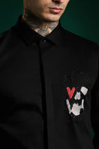 Heart Skull - Hand Embroidered Designer Shirt - Black