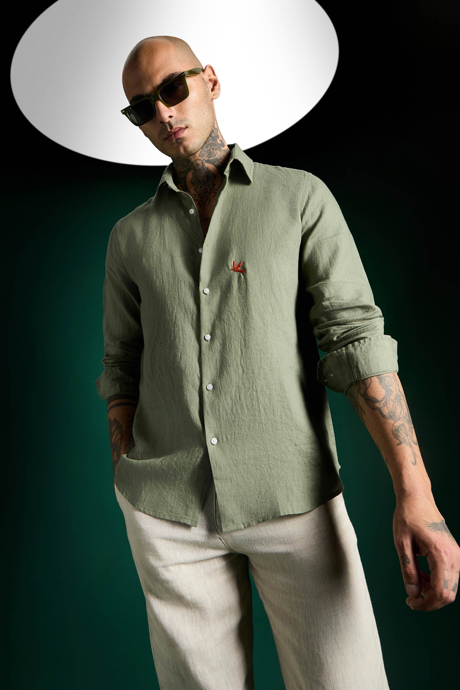 Bird Hand Embroidered Irish Linen Shirt - Olive Green